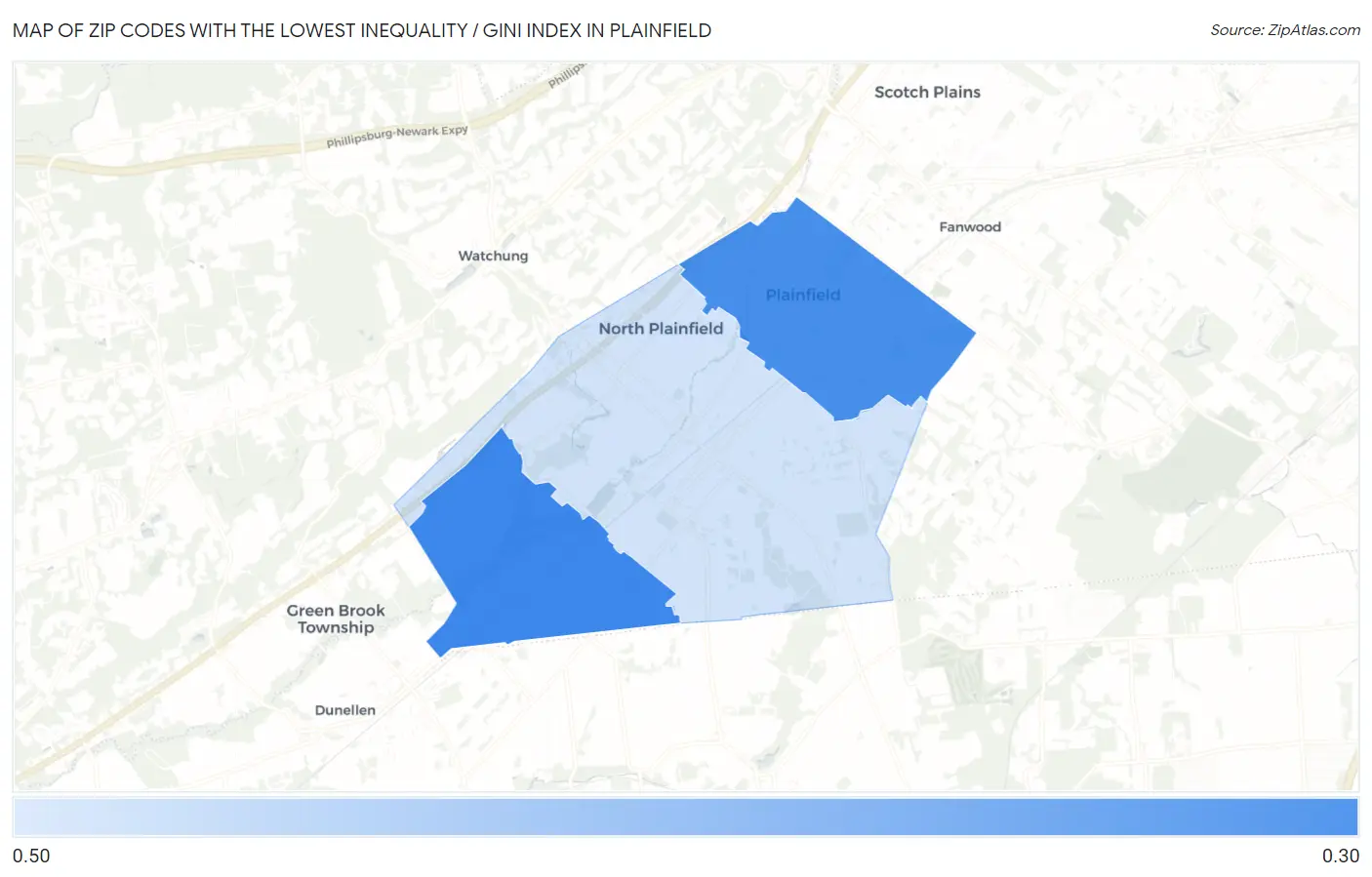 Zip Codes with the Lowest Inequality / Gini Index in Plainfield Map