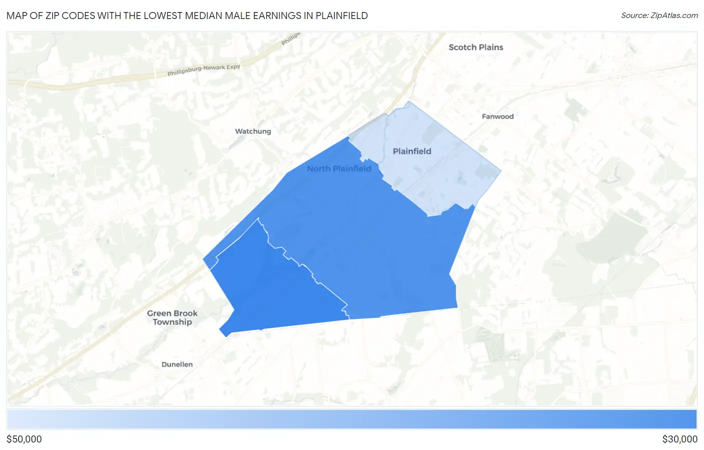 Zip Codes with the Lowest Median Male Earnings in Plainfield Map