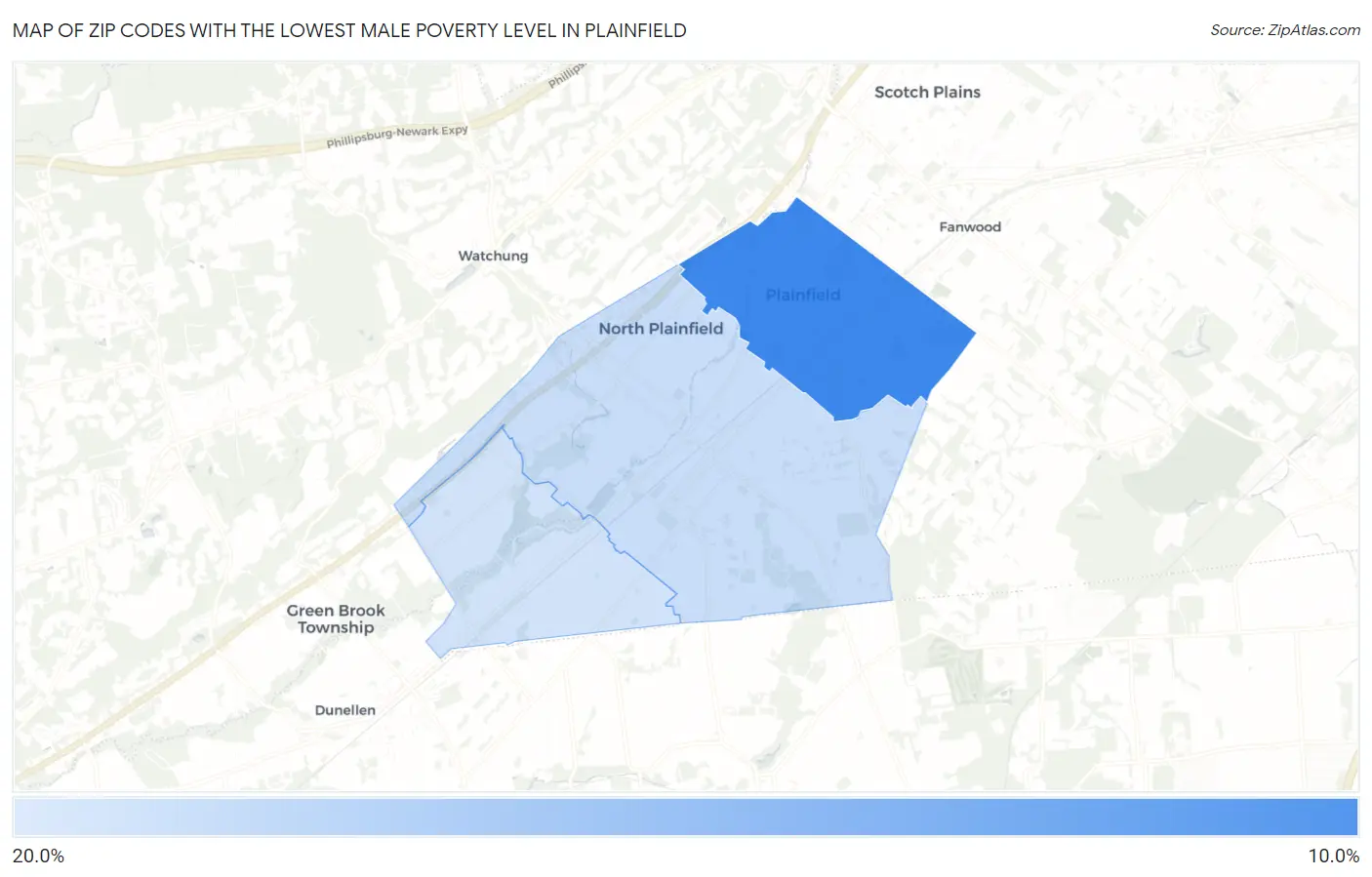Zip Codes with the Lowest Male Poverty Level in Plainfield Map