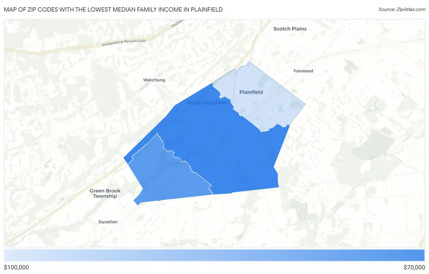 Zip Codes with the Lowest Median Family Income in Plainfield Map
