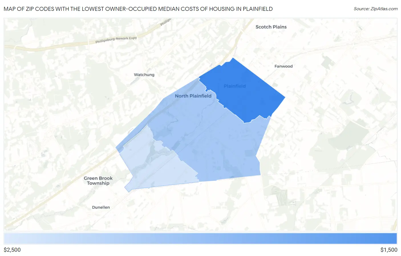Zip Codes with the Lowest Owner-Occupied Median Costs of Housing in Plainfield Map