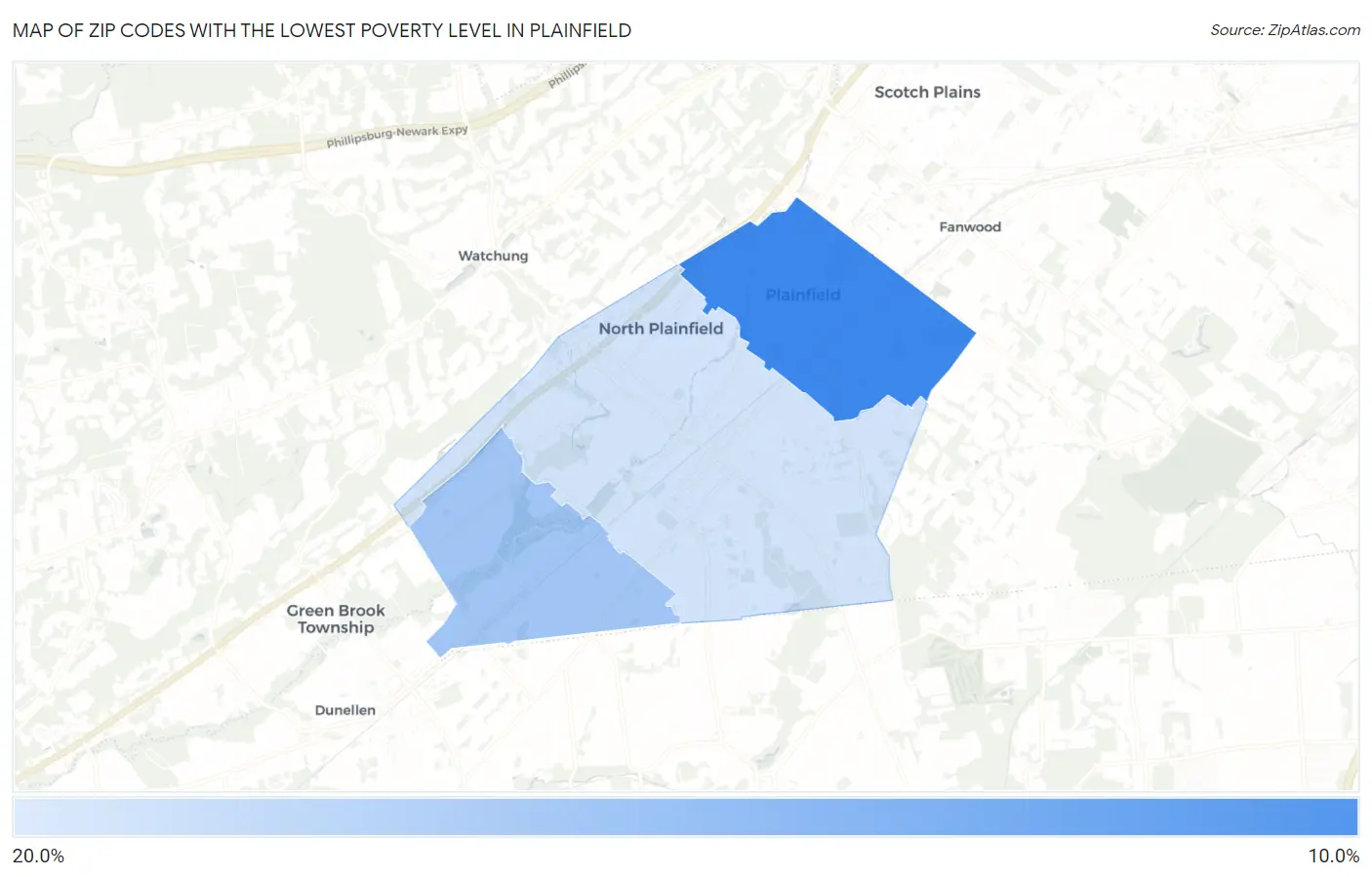 Zip Codes with the Lowest Poverty Level in Plainfield Map