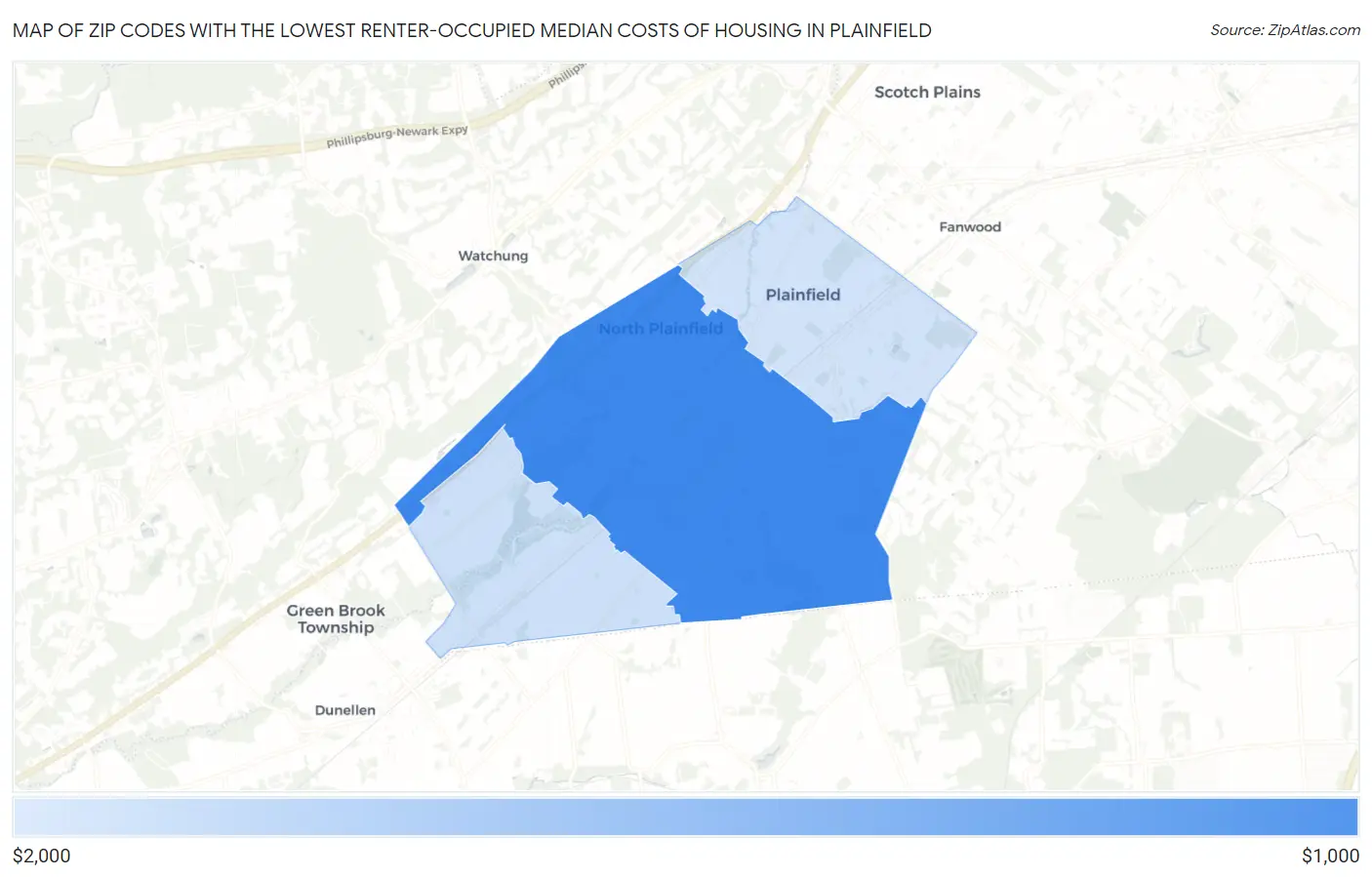 Zip Codes with the Lowest Renter-Occupied Median Costs of Housing in Plainfield Map