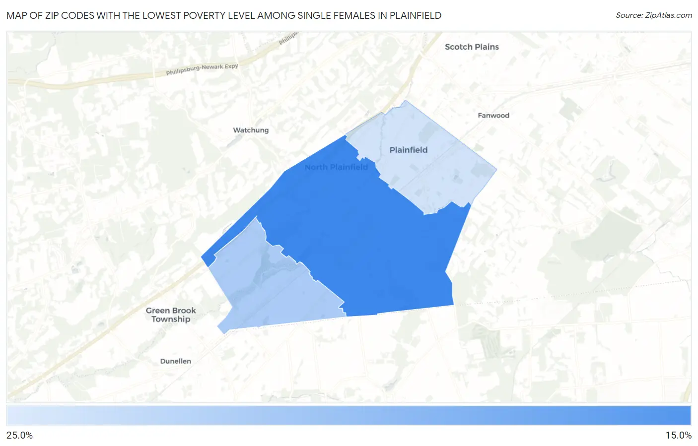 Zip Codes with the Lowest Poverty Level Among Single Females in Plainfield Map