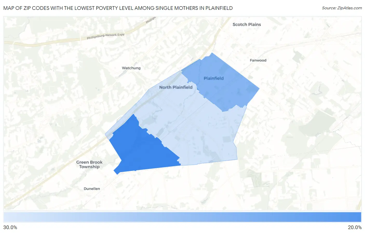 Zip Codes with the Lowest Poverty Level Among Single Mothers in Plainfield Map