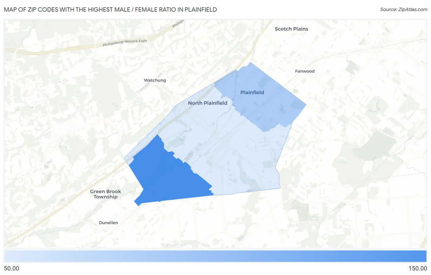 Zip Codes with the Highest Male / Female Ratio in Plainfield Map