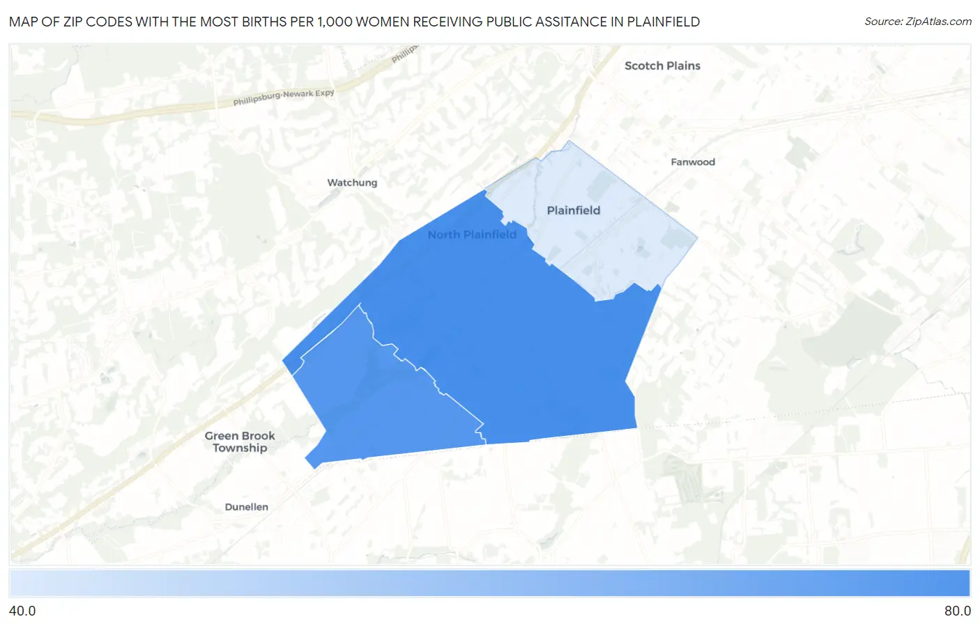 Zip Codes with the Most Births per 1,000 Women Receiving Public Assitance in Plainfield Map