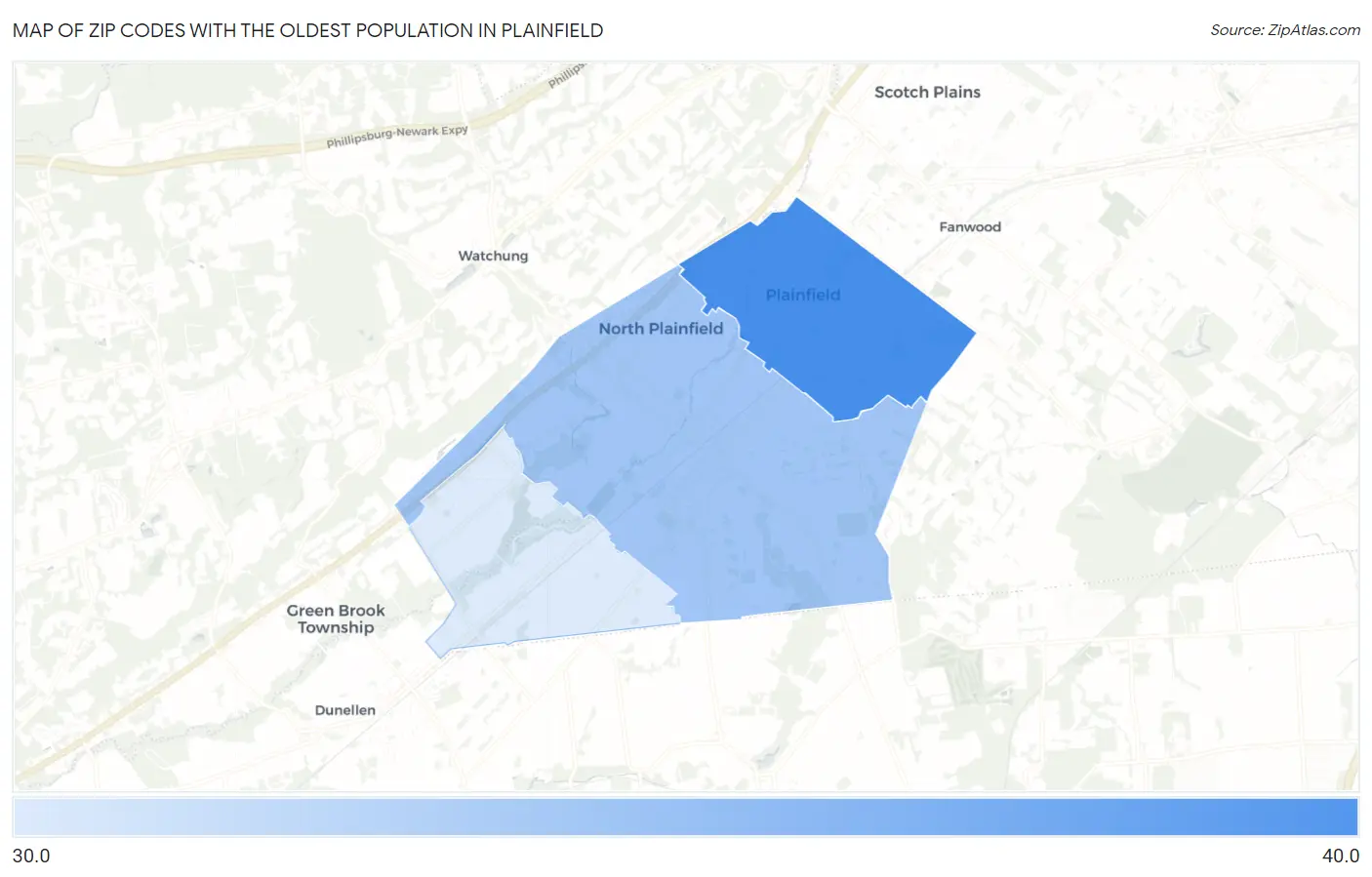 Zip Codes with the Oldest Population in Plainfield Map