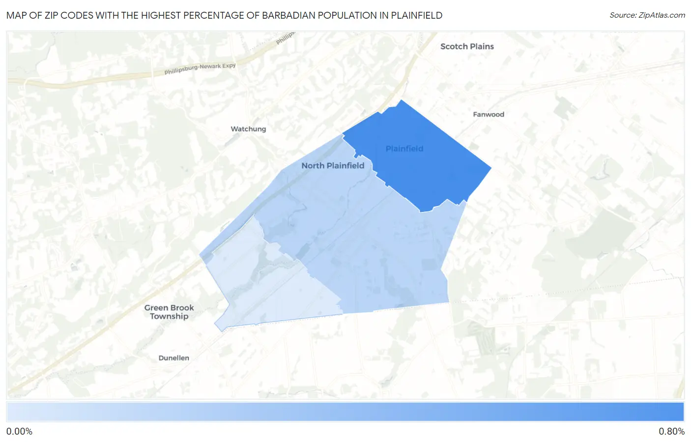Zip Codes with the Highest Percentage of Barbadian Population in Plainfield Map