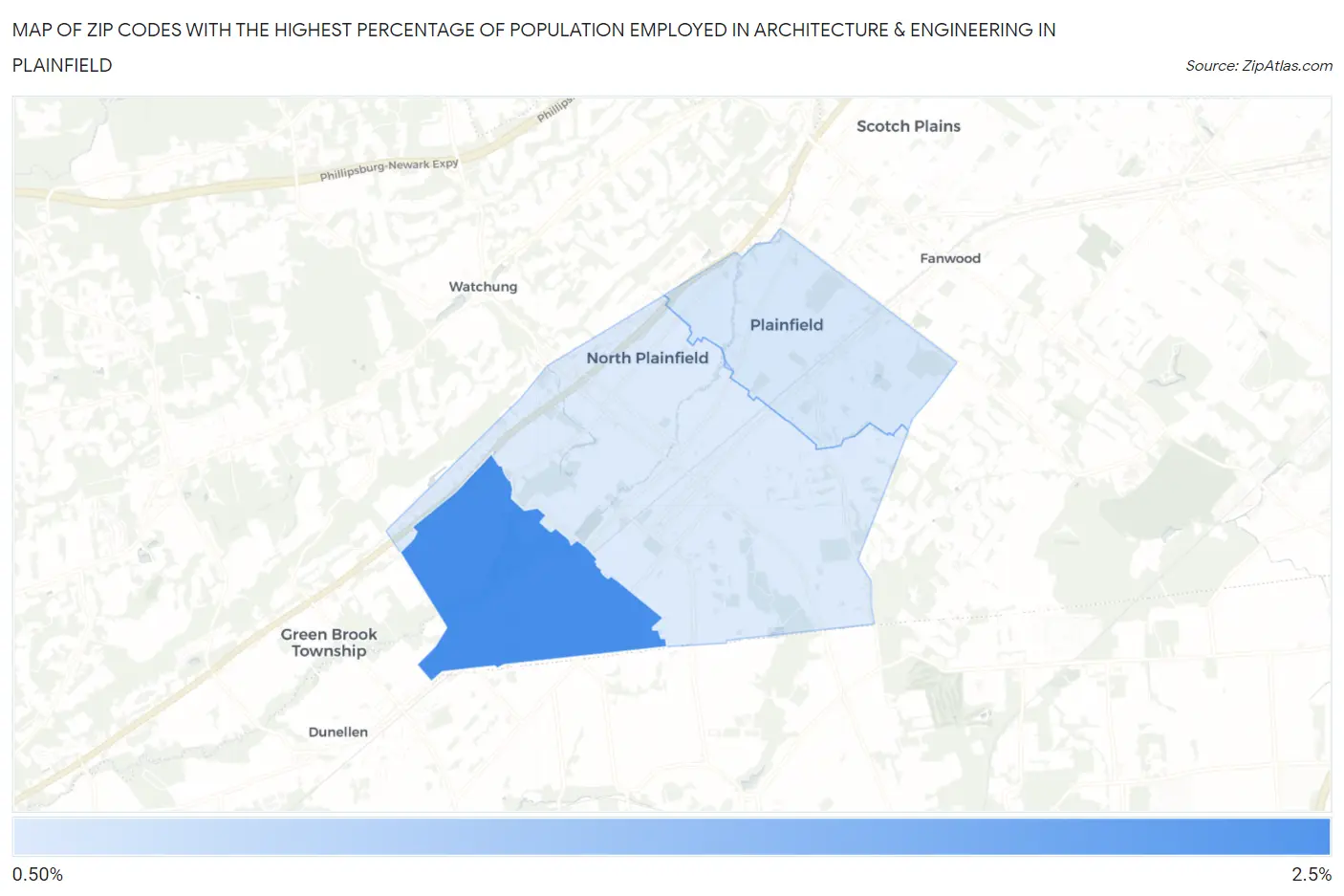 Zip Codes with the Highest Percentage of Population Employed in Architecture & Engineering in Plainfield Map