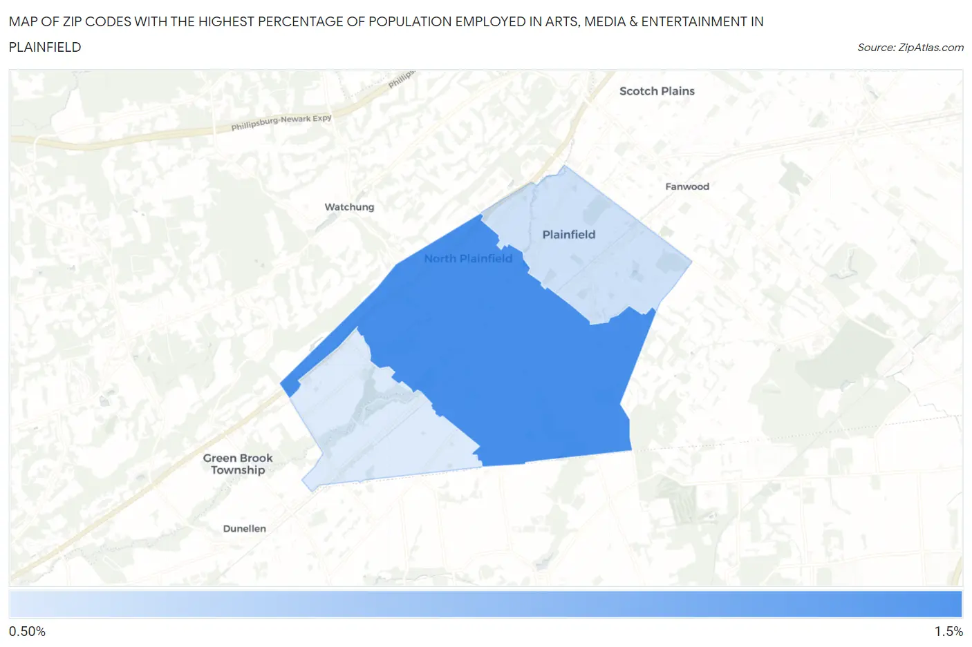 Zip Codes with the Highest Percentage of Population Employed in Arts, Media & Entertainment in Plainfield Map