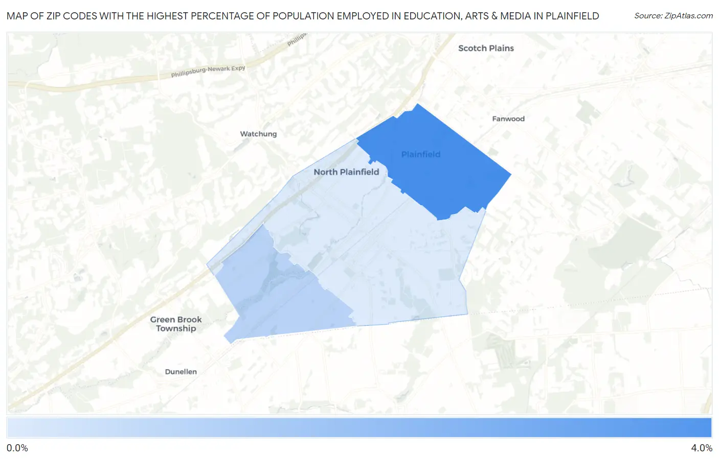 Zip Codes with the Highest Percentage of Population Employed in Education, Arts & Media in Plainfield Map