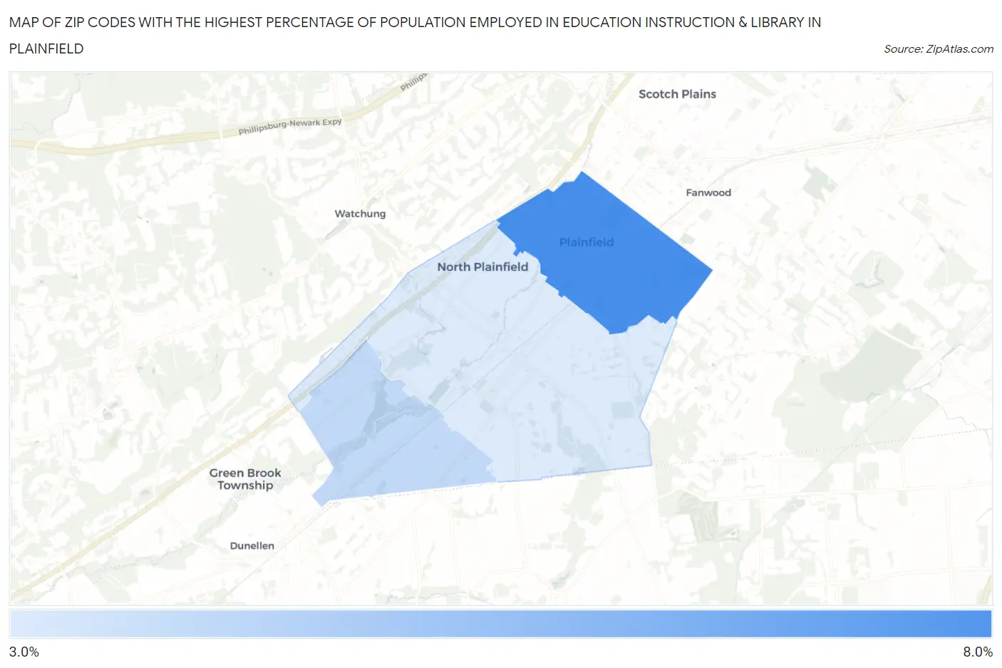 Zip Codes with the Highest Percentage of Population Employed in Education Instruction & Library in Plainfield Map