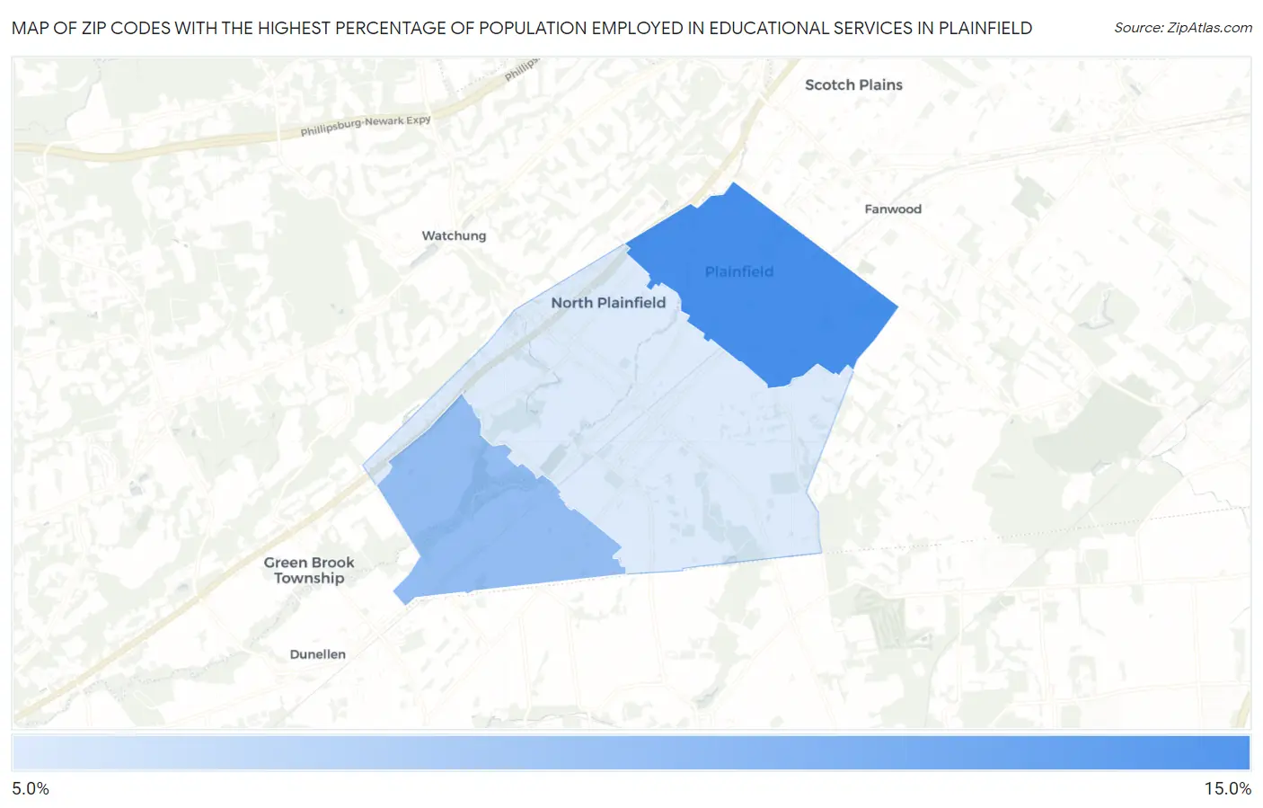 Zip Codes with the Highest Percentage of Population Employed in Educational Services in Plainfield Map