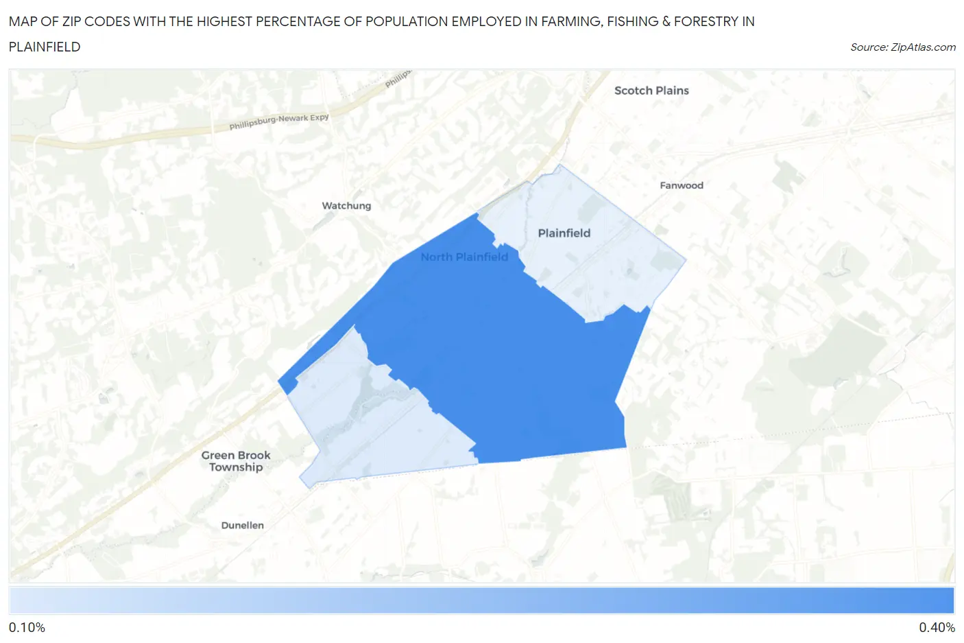 Zip Codes with the Highest Percentage of Population Employed in Farming, Fishing & Forestry in Plainfield Map