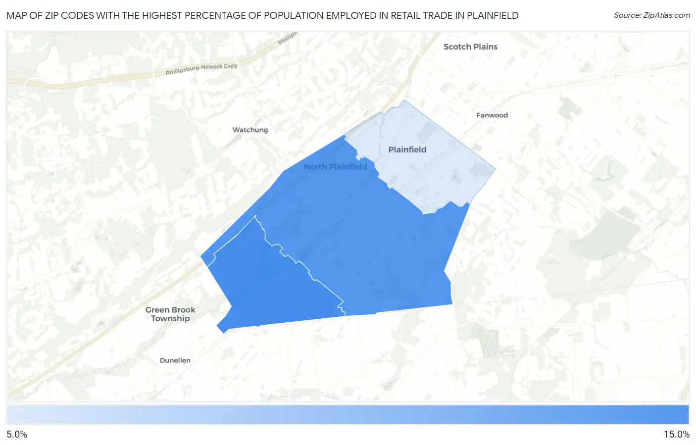 Zip Codes with the Highest Percentage of Population Employed in Retail Trade in Plainfield Map