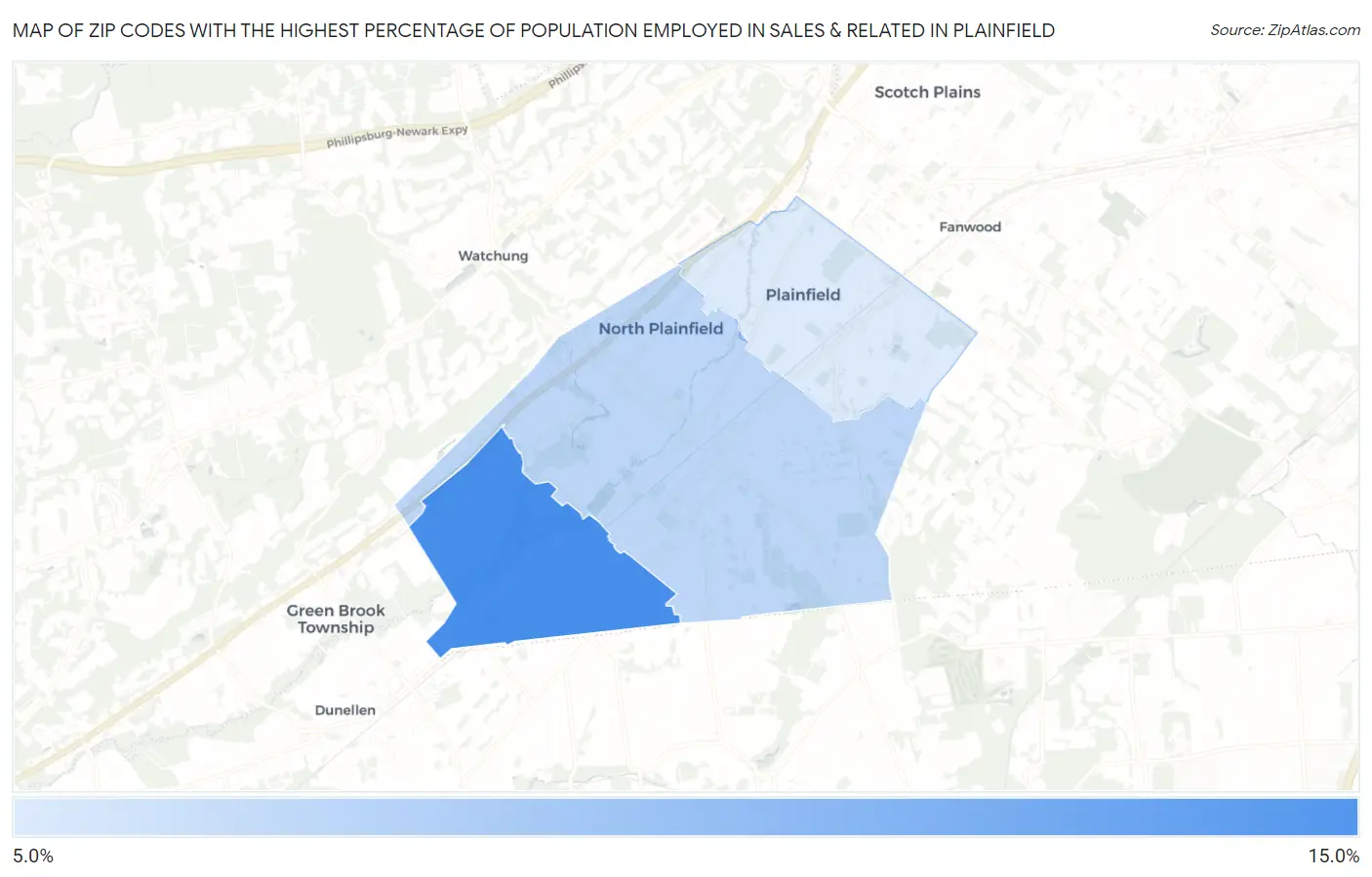 Zip Codes with the Highest Percentage of Population Employed in Sales & Related in Plainfield Map