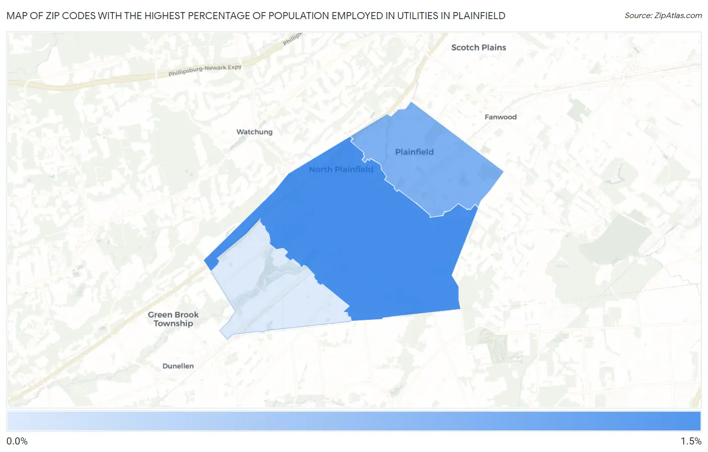 Zip Codes with the Highest Percentage of Population Employed in Utilities in Plainfield Map