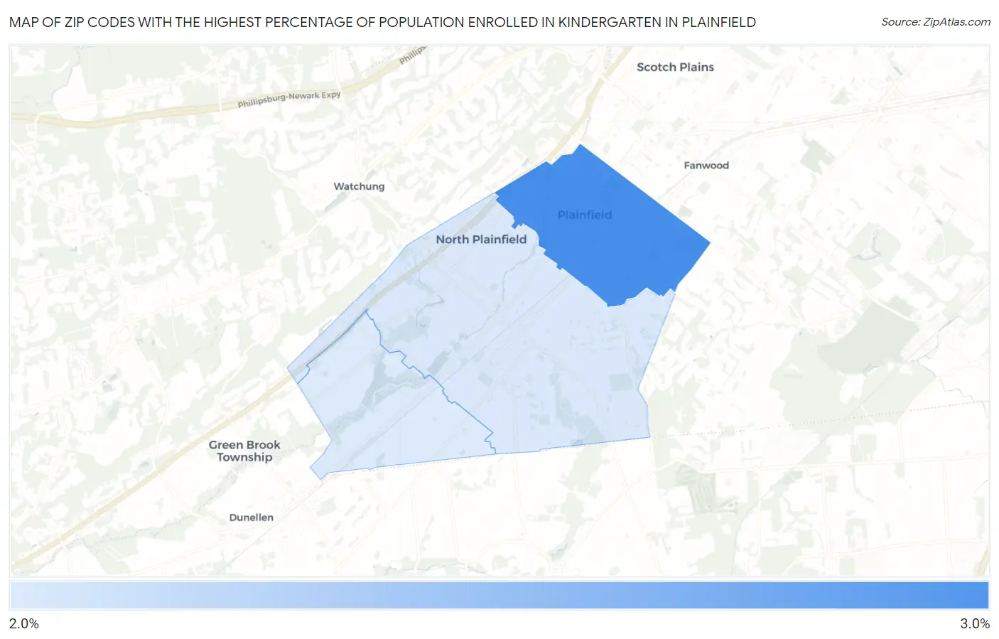 Zip Codes with the Highest Percentage of Population Enrolled in Kindergarten in Plainfield Map