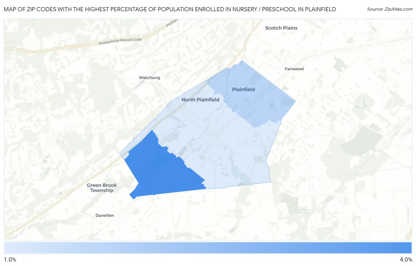 Zip Codes with the Highest Percentage of Population Enrolled in Nursery / Preschool in Plainfield Map