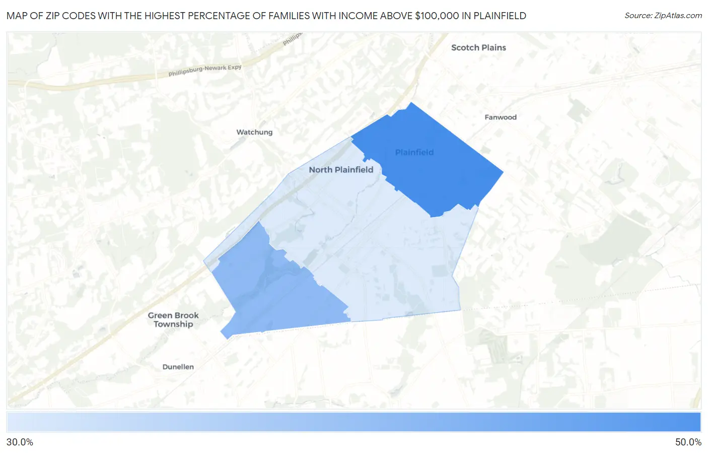 Zip Codes with the Highest Percentage of Families with Income Above $100,000 in Plainfield Map