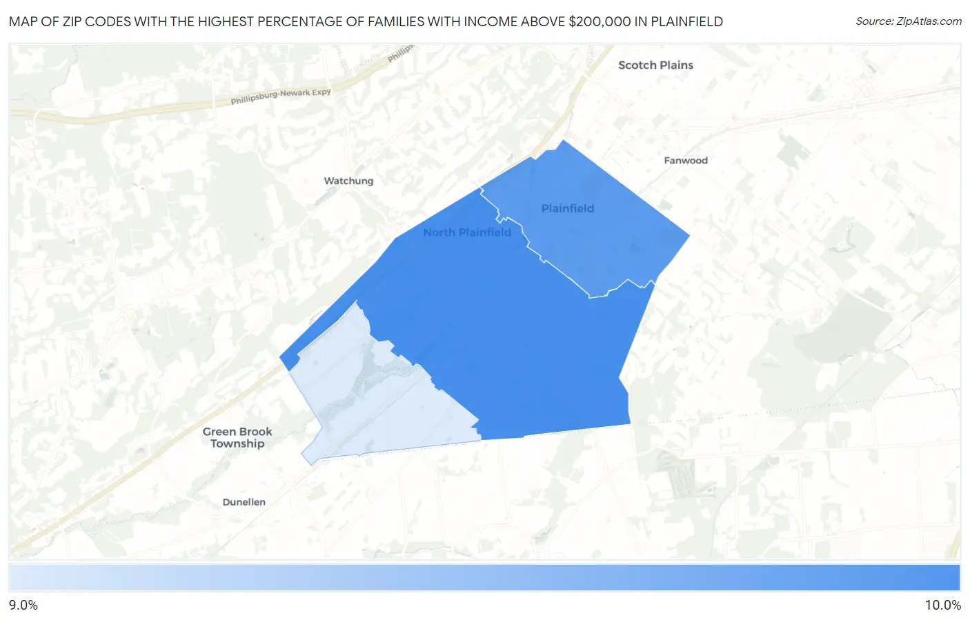 Zip Codes with the Highest Percentage of Families with Income Above $200,000 in Plainfield Map