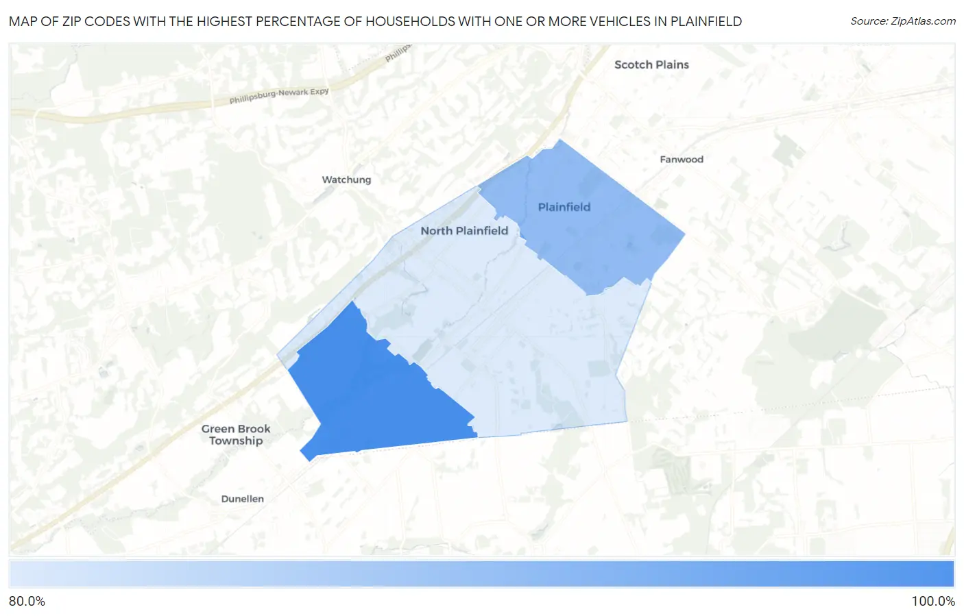 Zip Codes with the Highest Percentage of Households With One or more Vehicles in Plainfield Map