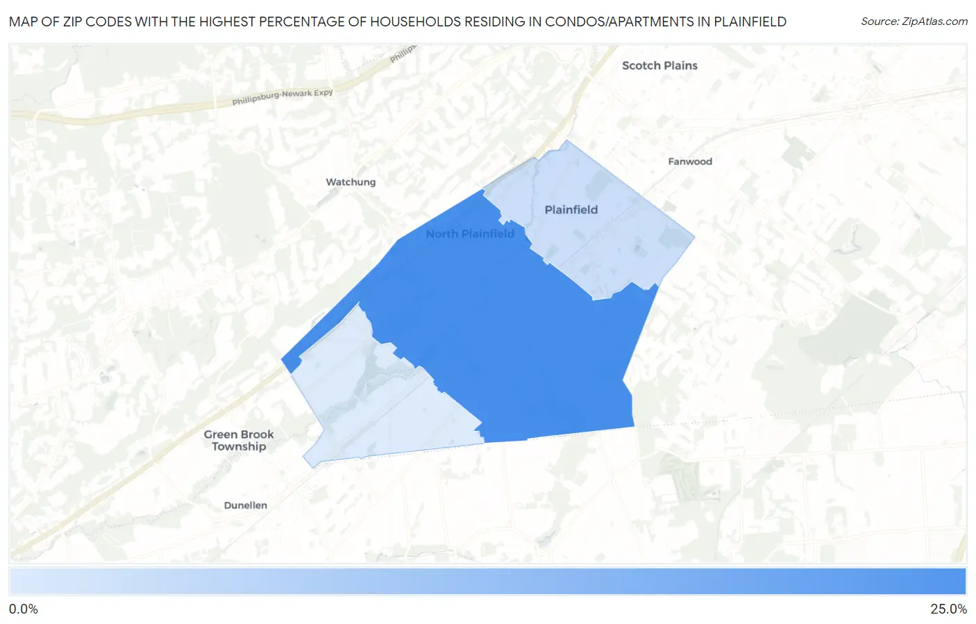 Zip Codes with the Highest Percentage of Households Residing in Condos/Apartments in Plainfield Map