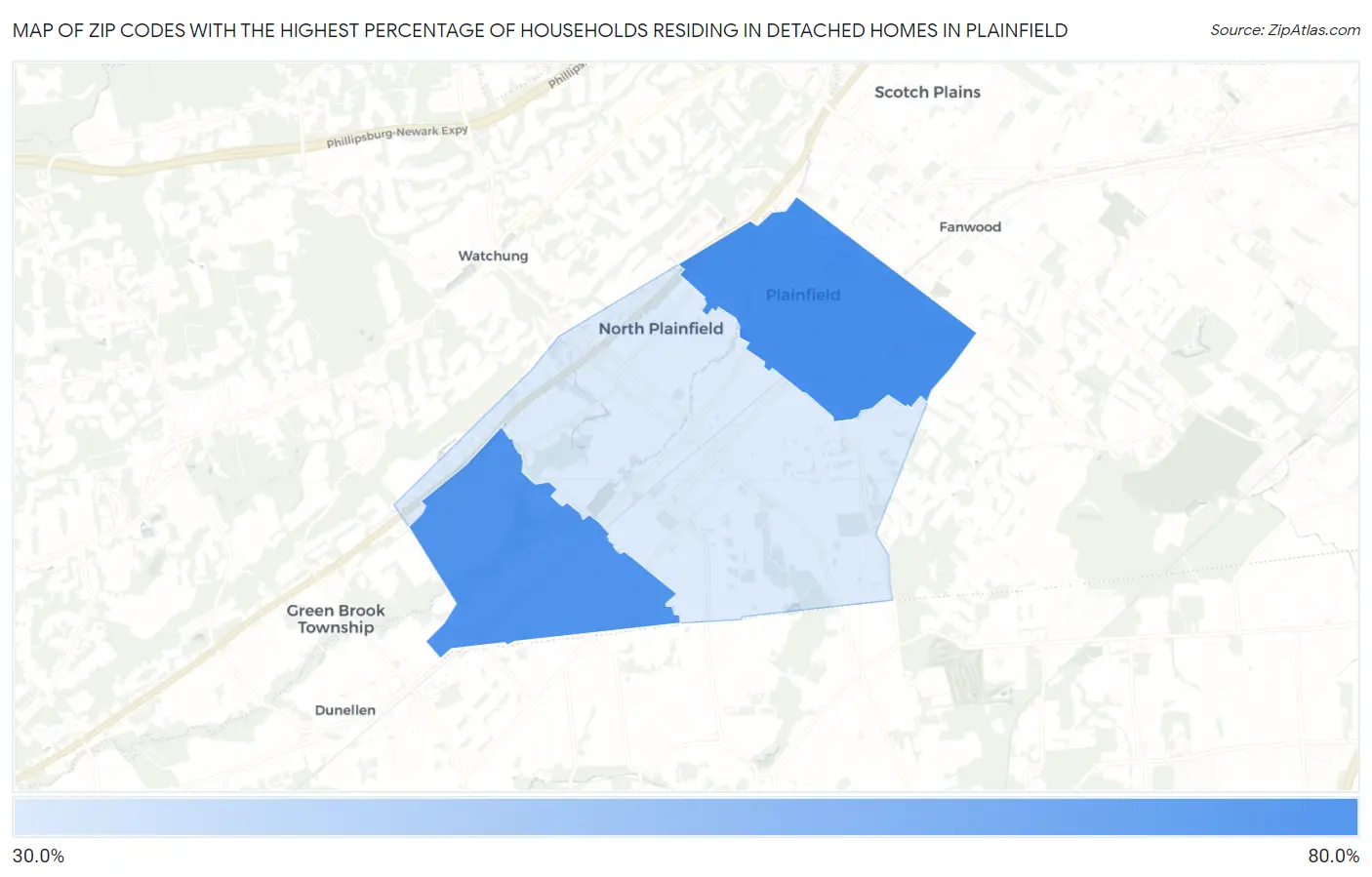 Zip Codes with the Highest Percentage of Households Residing in Detached Homes in Plainfield Map