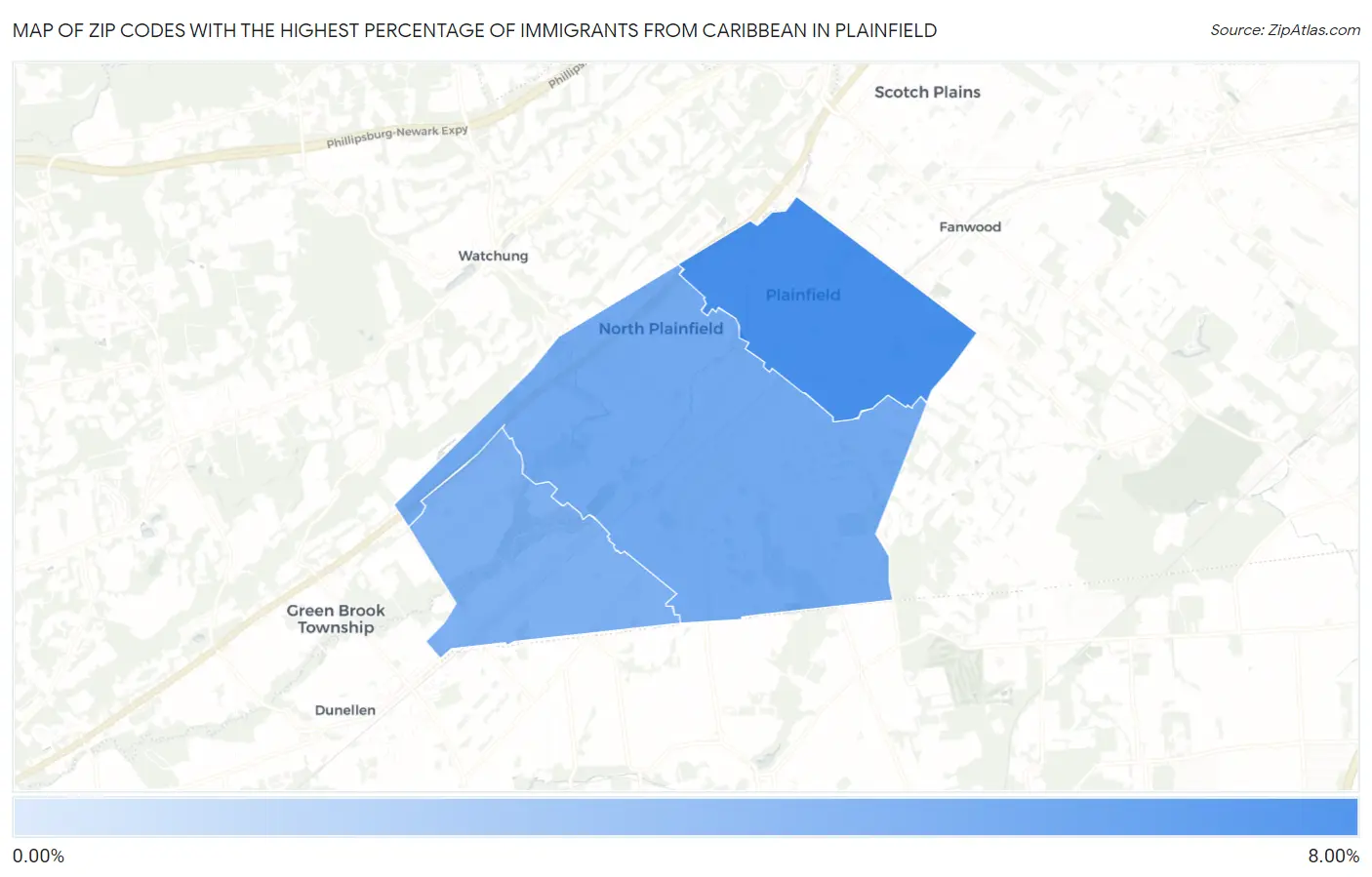 Zip Codes with the Highest Percentage of Immigrants from Caribbean in Plainfield Map