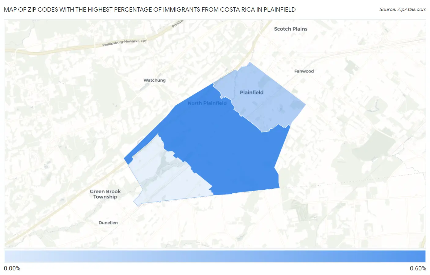 Zip Codes with the Highest Percentage of Immigrants from Costa Rica in Plainfield Map