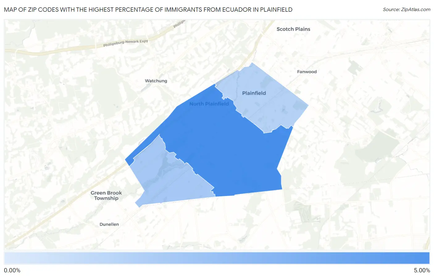 Zip Codes with the Highest Percentage of Immigrants from Ecuador in Plainfield Map