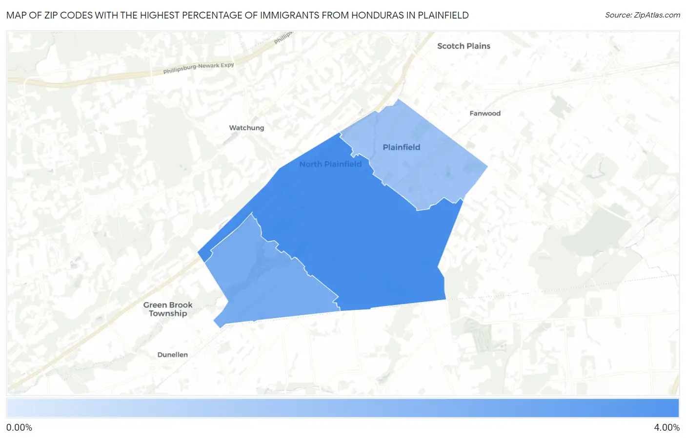 Zip Codes with the Highest Percentage of Immigrants from Honduras in Plainfield Map