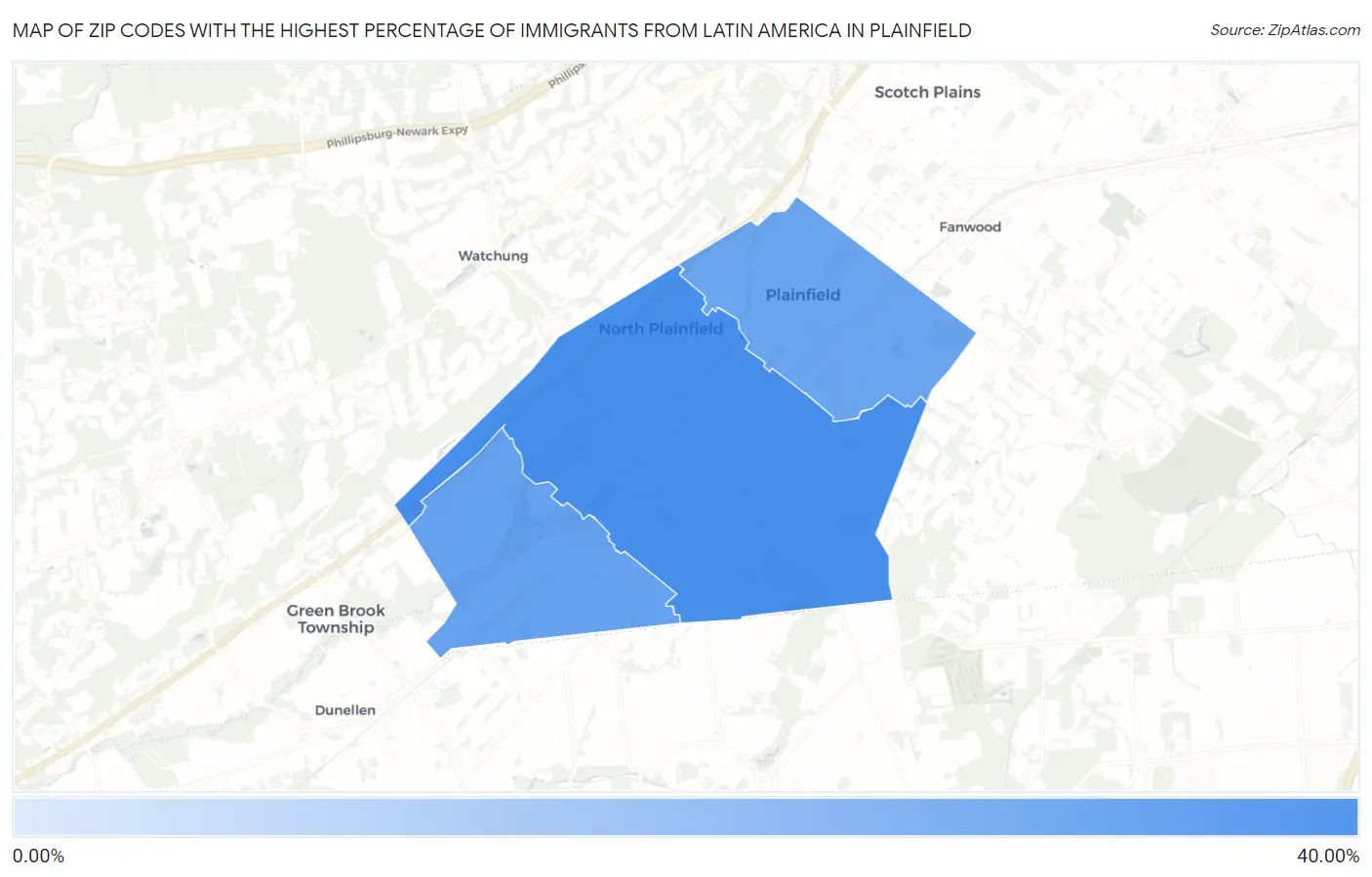 Zip Codes with the Highest Percentage of Immigrants from Latin America in Plainfield Map