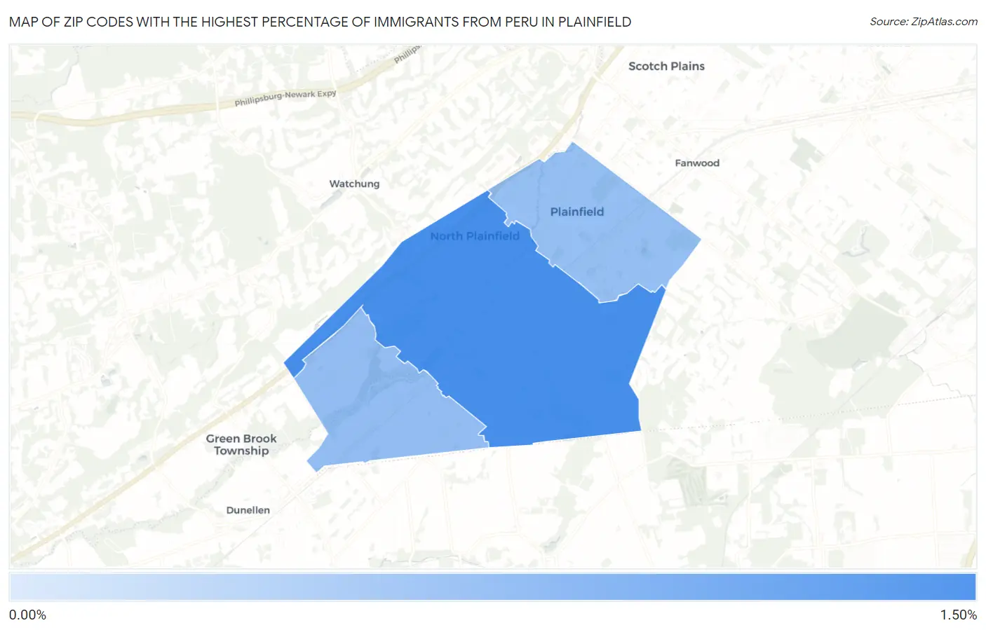 Zip Codes with the Highest Percentage of Immigrants from Peru in Plainfield Map