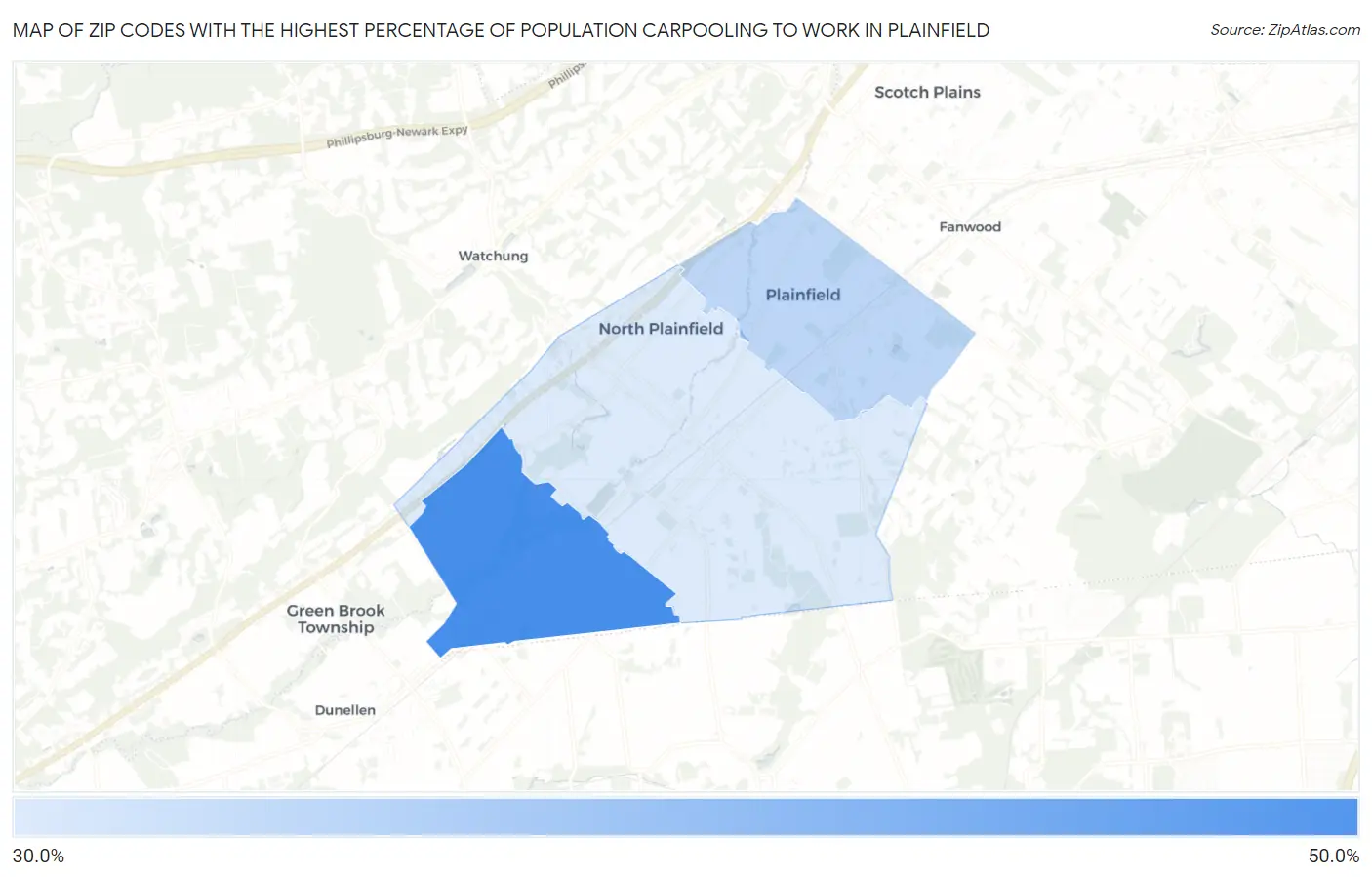 Zip Codes with the Highest Percentage of Population Carpooling to Work in Plainfield Map
