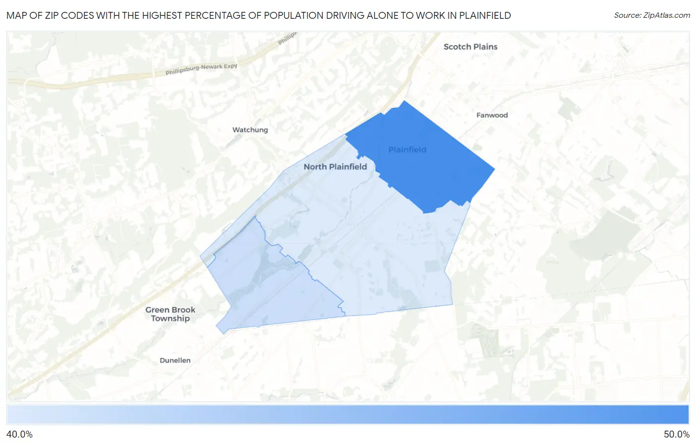 Zip Codes with the Highest Percentage of Population Driving Alone to Work in Plainfield Map