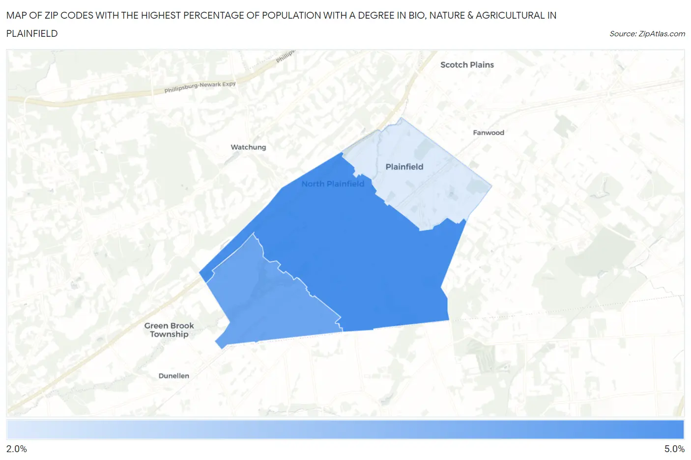 Zip Codes with the Highest Percentage of Population with a Degree in Bio, Nature & Agricultural in Plainfield Map
