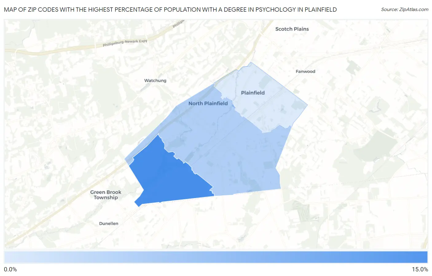 Zip Codes with the Highest Percentage of Population with a Degree in Psychology in Plainfield Map