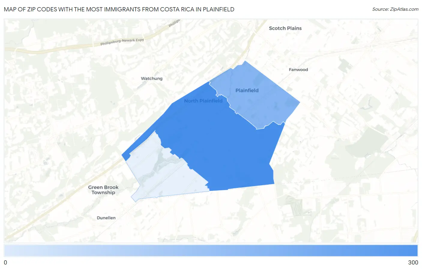 Zip Codes with the Most Immigrants from Costa Rica in Plainfield Map