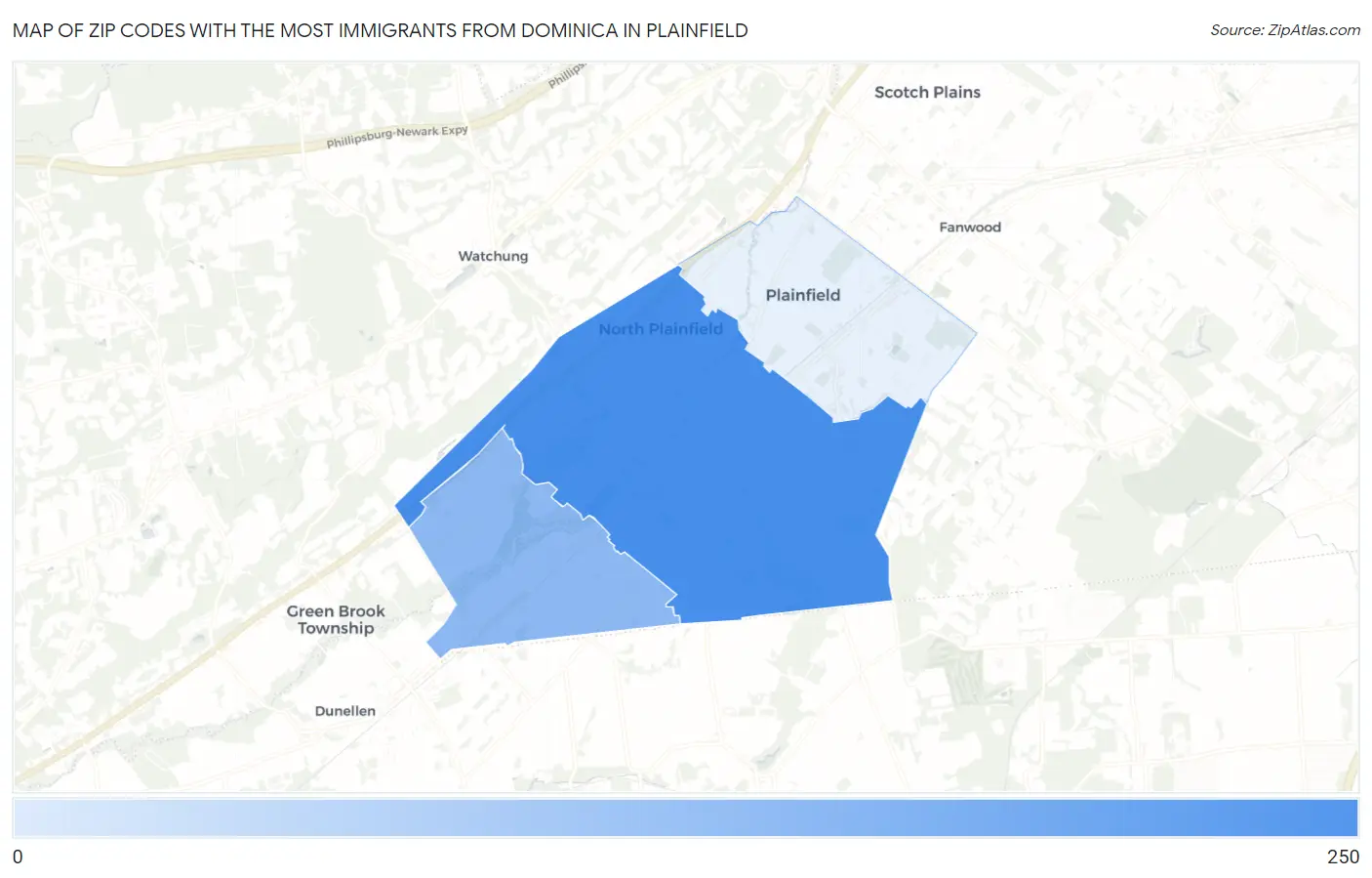 Zip Codes with the Most Immigrants from Dominica in Plainfield Map