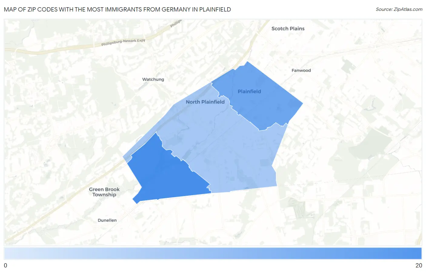 Zip Codes with the Most Immigrants from Germany in Plainfield Map