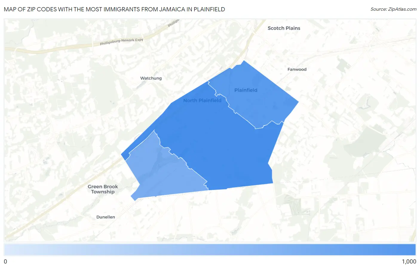 Zip Codes with the Most Immigrants from Jamaica in Plainfield Map