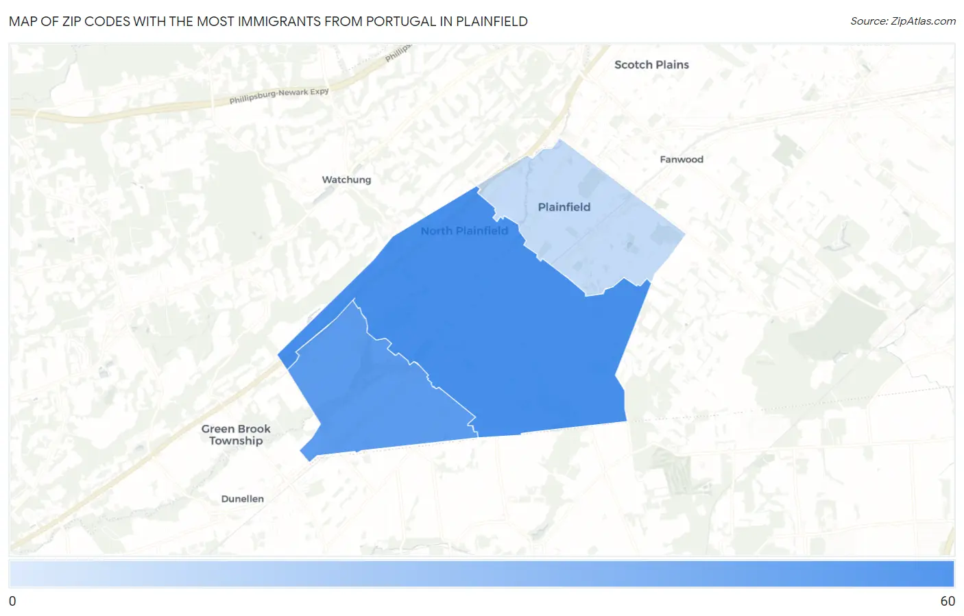 Zip Codes with the Most Immigrants from Portugal in Plainfield Map