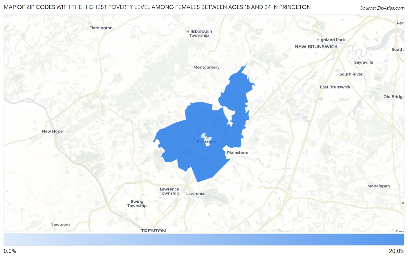 Zip Codes with the Highest Poverty Level Among Females Between Ages 18 and 24 in Princeton Map