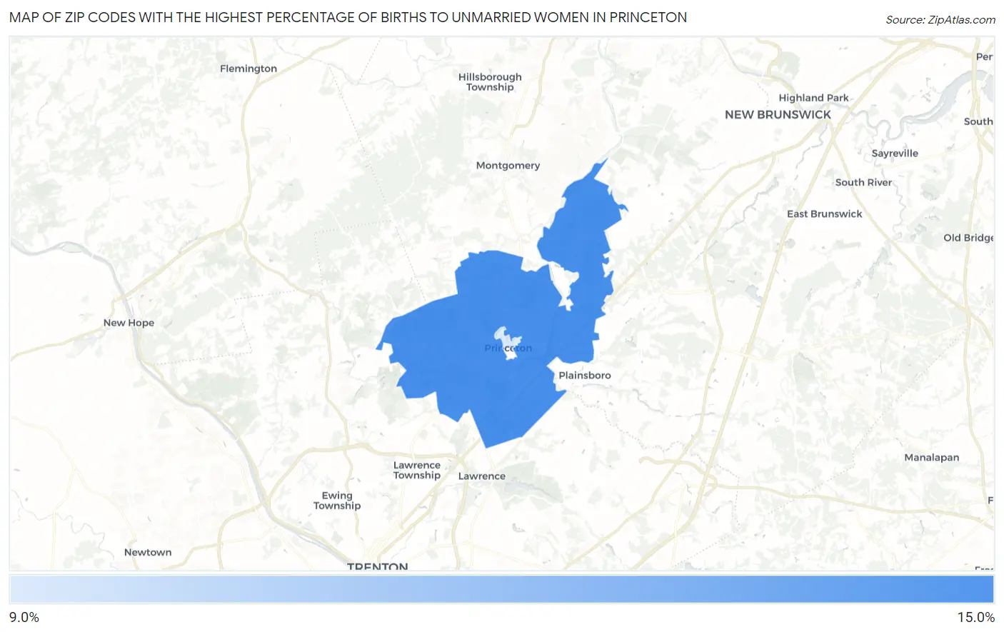 Zip Codes with the Highest Percentage of Births to Unmarried Women in Princeton Map