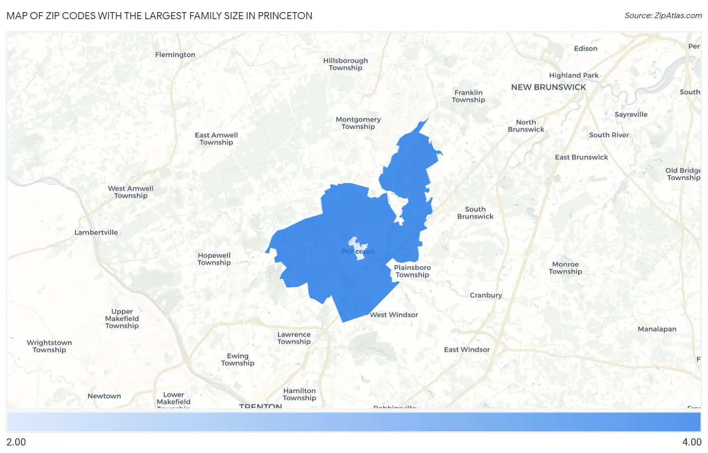 Zip Codes with the Largest Family Size in Princeton Map