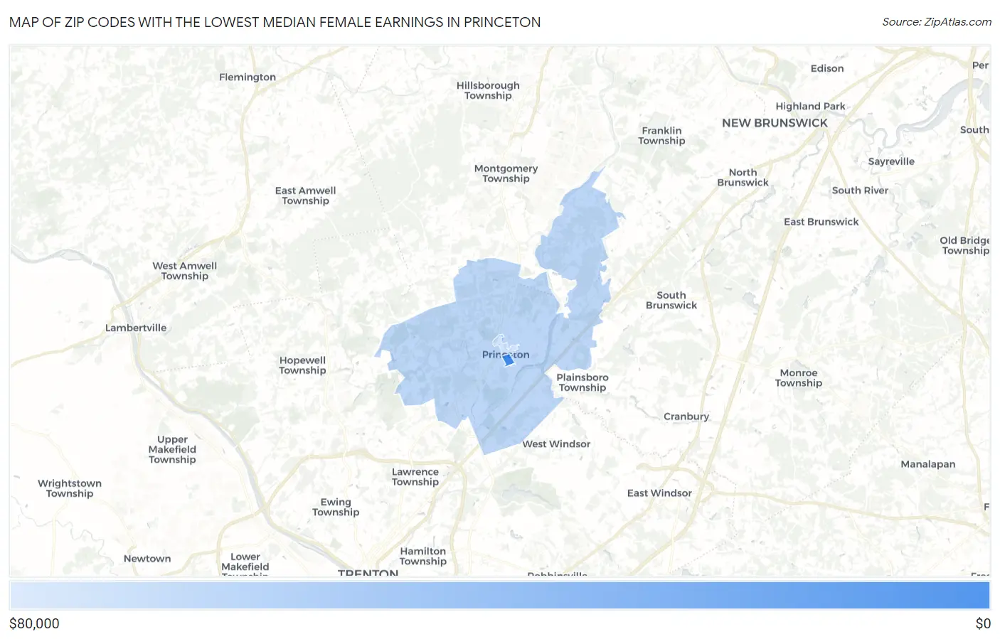Zip Codes with the Lowest Median Female Earnings in Princeton Map