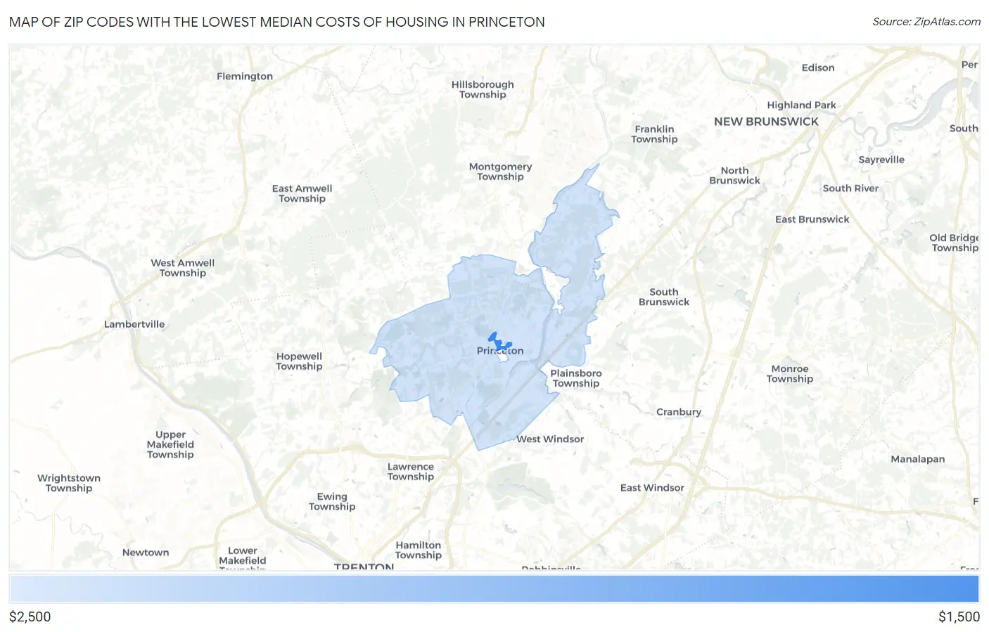 Zip Codes with the Lowest Median Costs of Housing in Princeton Map
