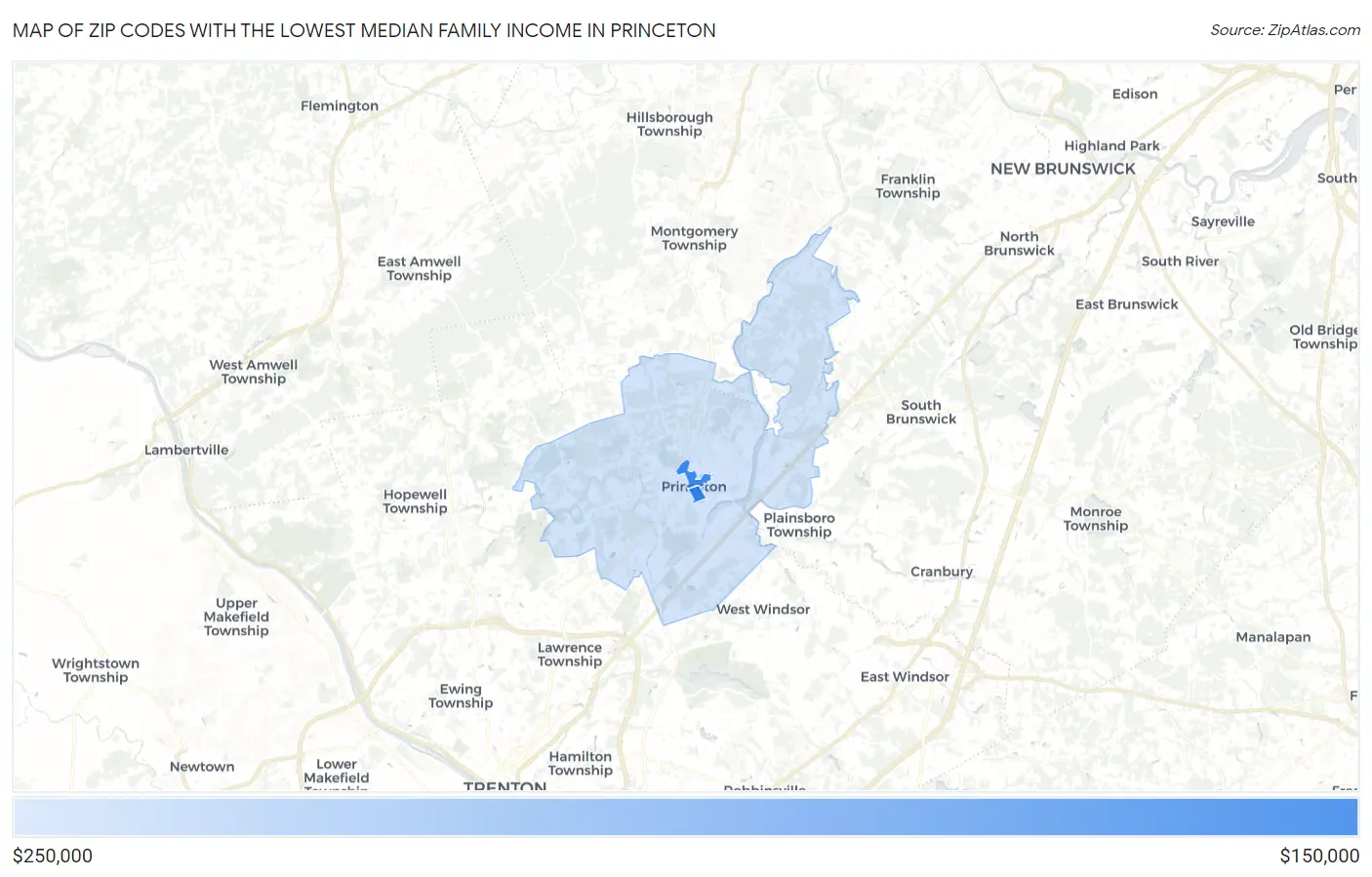 Zip Codes with the Lowest Median Family Income in Princeton Map
